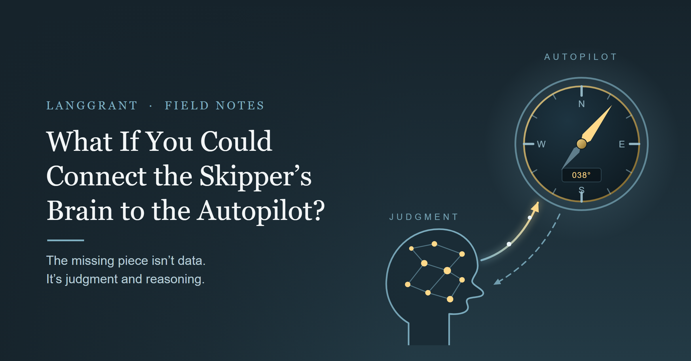 A skipper's profile wired to an autopilot compass, from the LangGrant Field Notes series