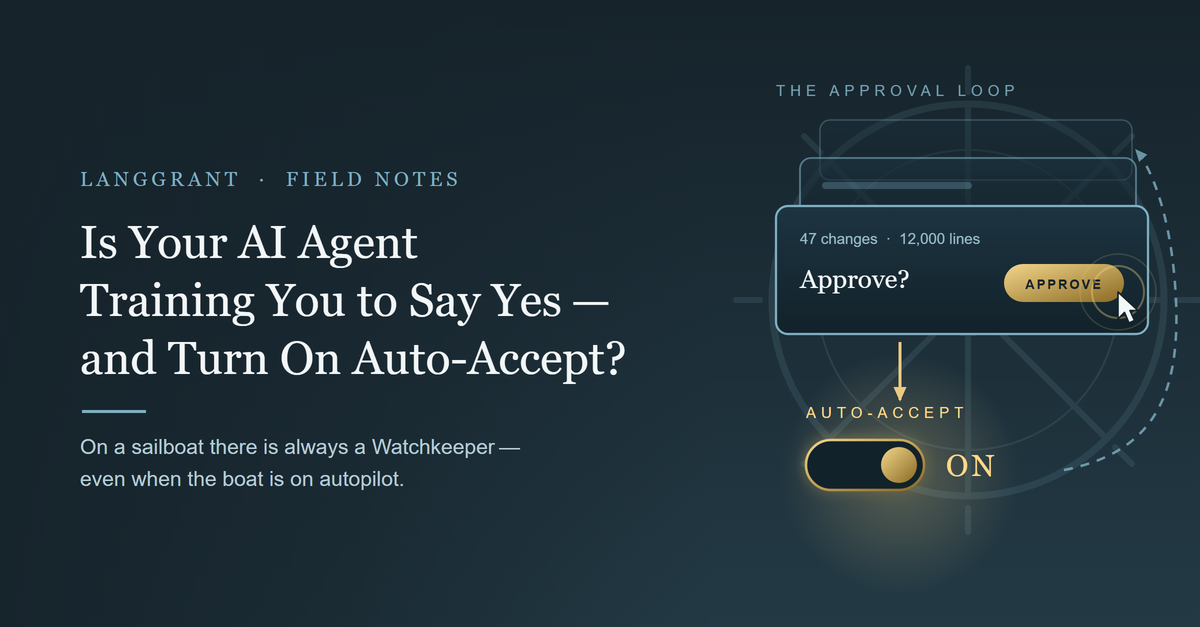 A stack of AI approval requests with a cursor clicking Approve above an AUTO-ACCEPT toggle switched on, set against a ghosted unattended ship's wheel, from the LangGrant Field Notes series